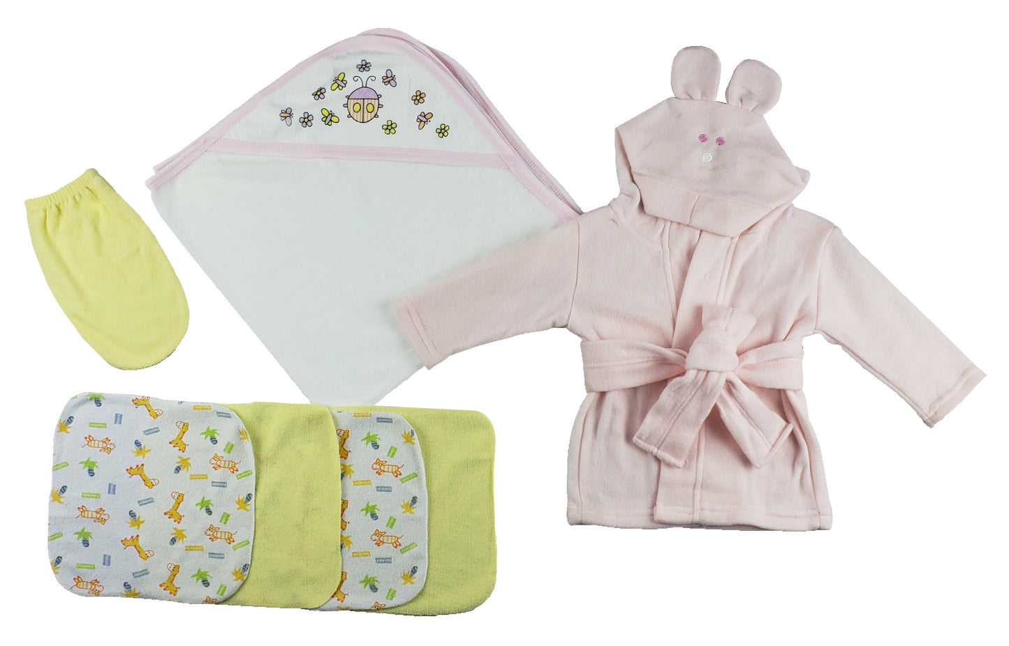 Pink Infant Robe, Hooded Towel, Washcloths and Hand Washcloth Mitt - 7