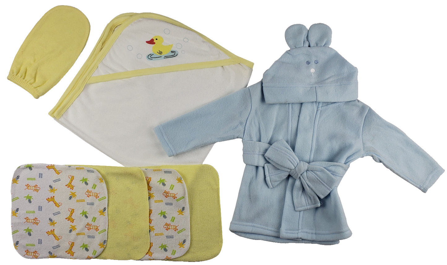 Blue Infant Robe, Yellow Hooded Towel, Washcloths and Hand Washcloth