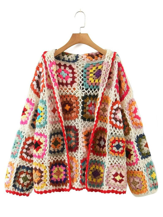 BOHO Colored Plaid Flower Hand Crochet Hooded Cardigan