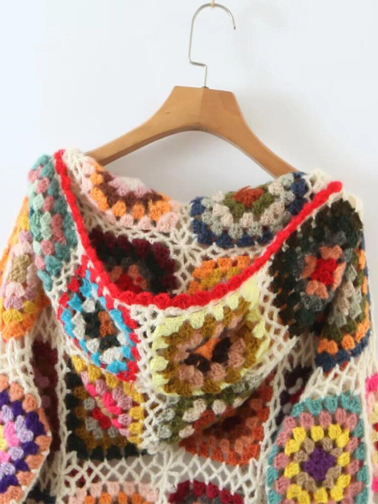 BOHO Colored Plaid Flower Hand Crochet Hooded Cardigan