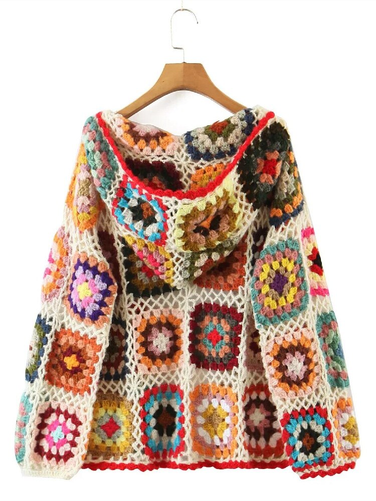 BOHO Colored Plaid Flower Hand Crochet Hooded Cardigan