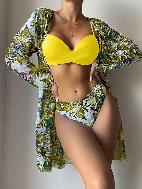 Sexy Leaf Print Three Pieces Bikini Set Push Up Swimwear