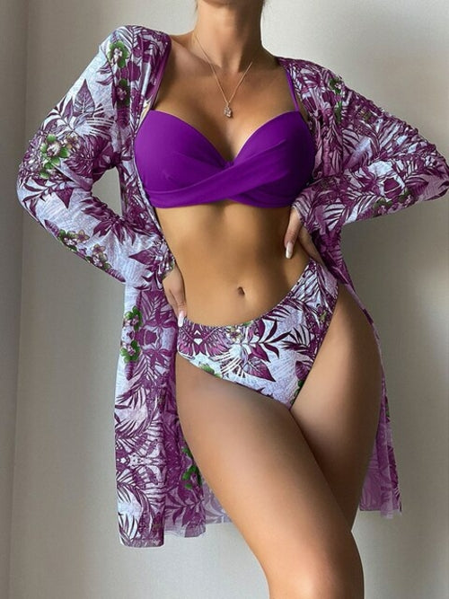 Sexy Leaf Print Three Pieces Bikini Set Push Up Swimwear