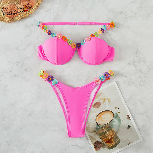 Sexy Flowers Strap Push Up Padded Bathing Suit