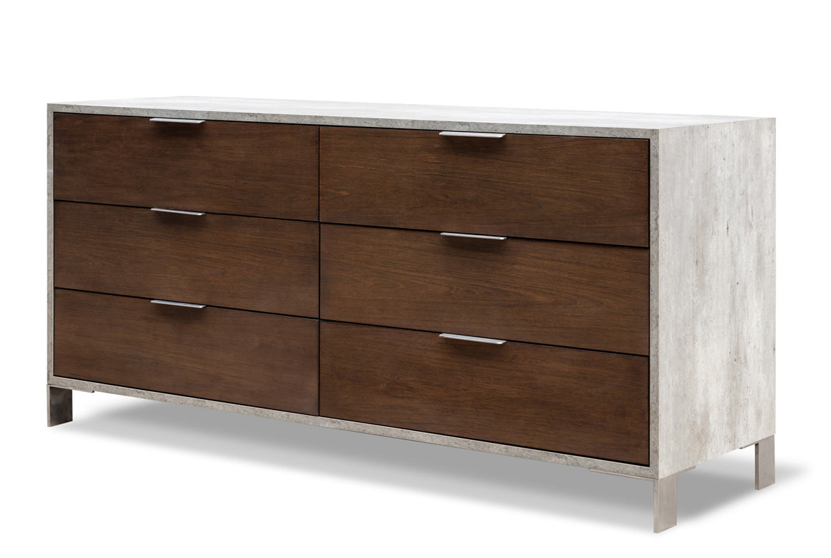 30inches Dark Walnut Veneer  Steel  and Concrete Dresser with 6