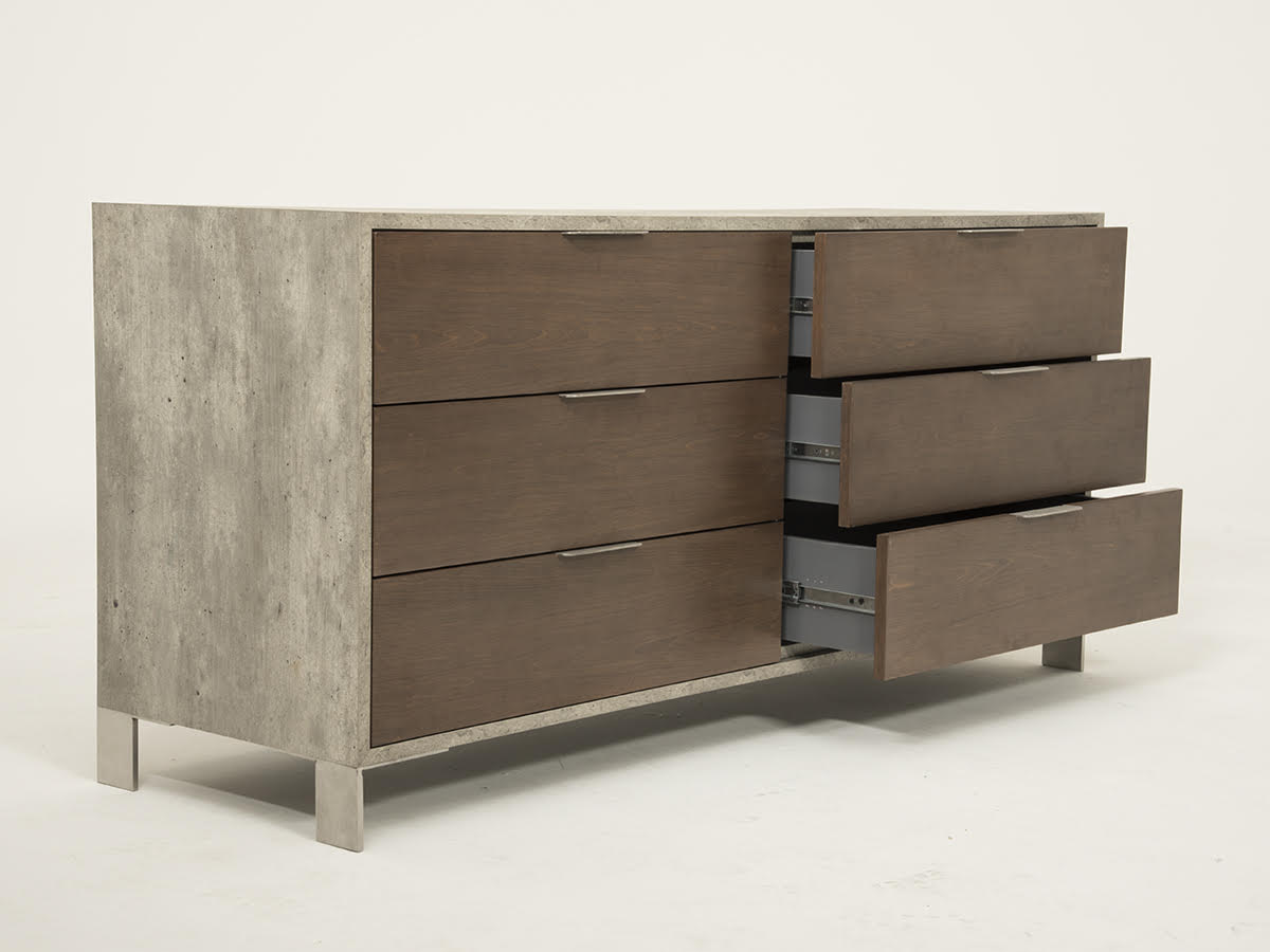 30inches Dark Walnut Veneer  Steel  and Concrete Dresser with 6