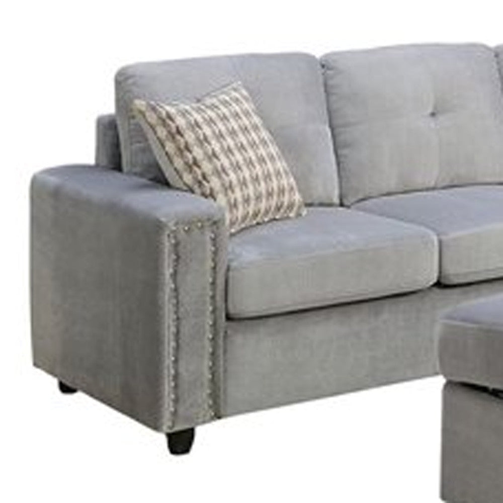 78inches X 33inches X 36inches Gray Velvet Reversible Sectional Sofa