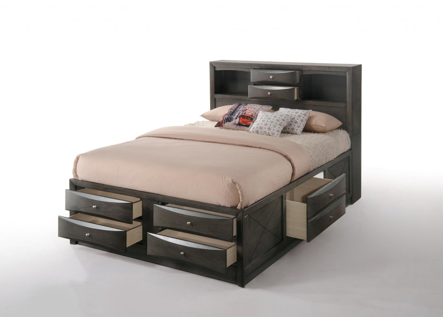 86inches X 57inches X 56inches Gray Oak Rubber Wood Full Storage Bed