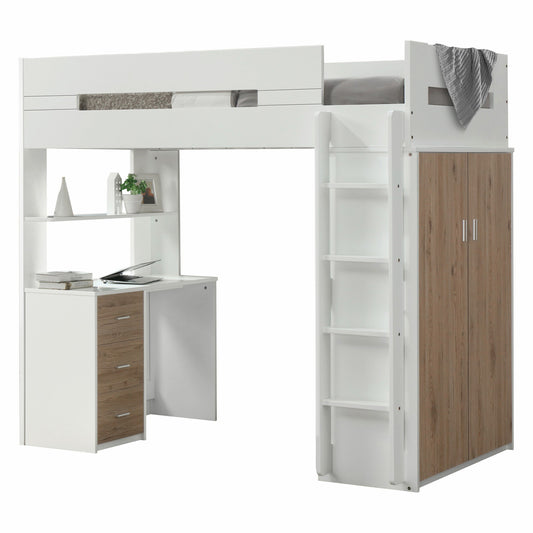 White and Natural Twin Loft Bed and Desk