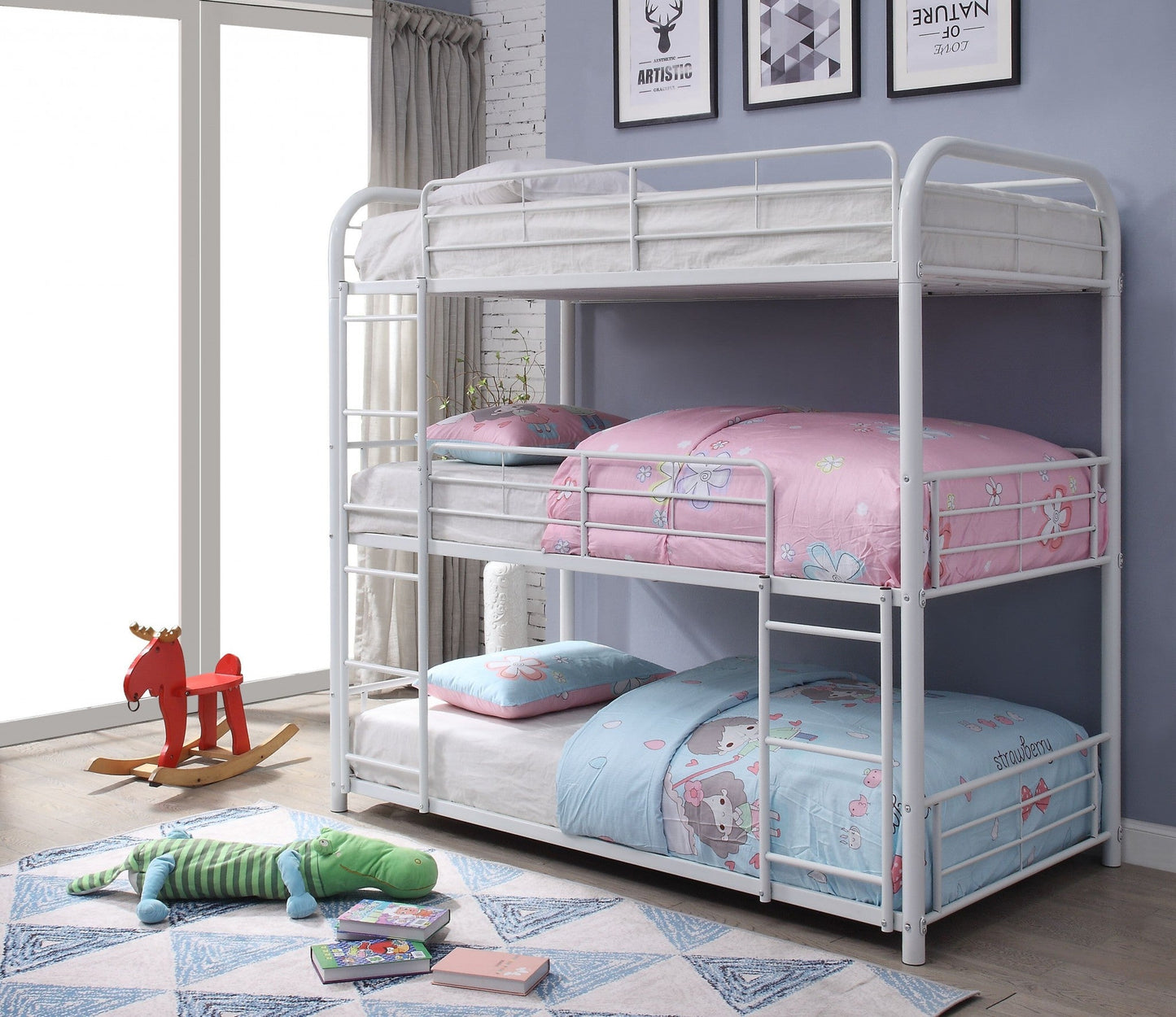 57inches X 79inches X 74inches White Metal Triple Bunk Bed - Full