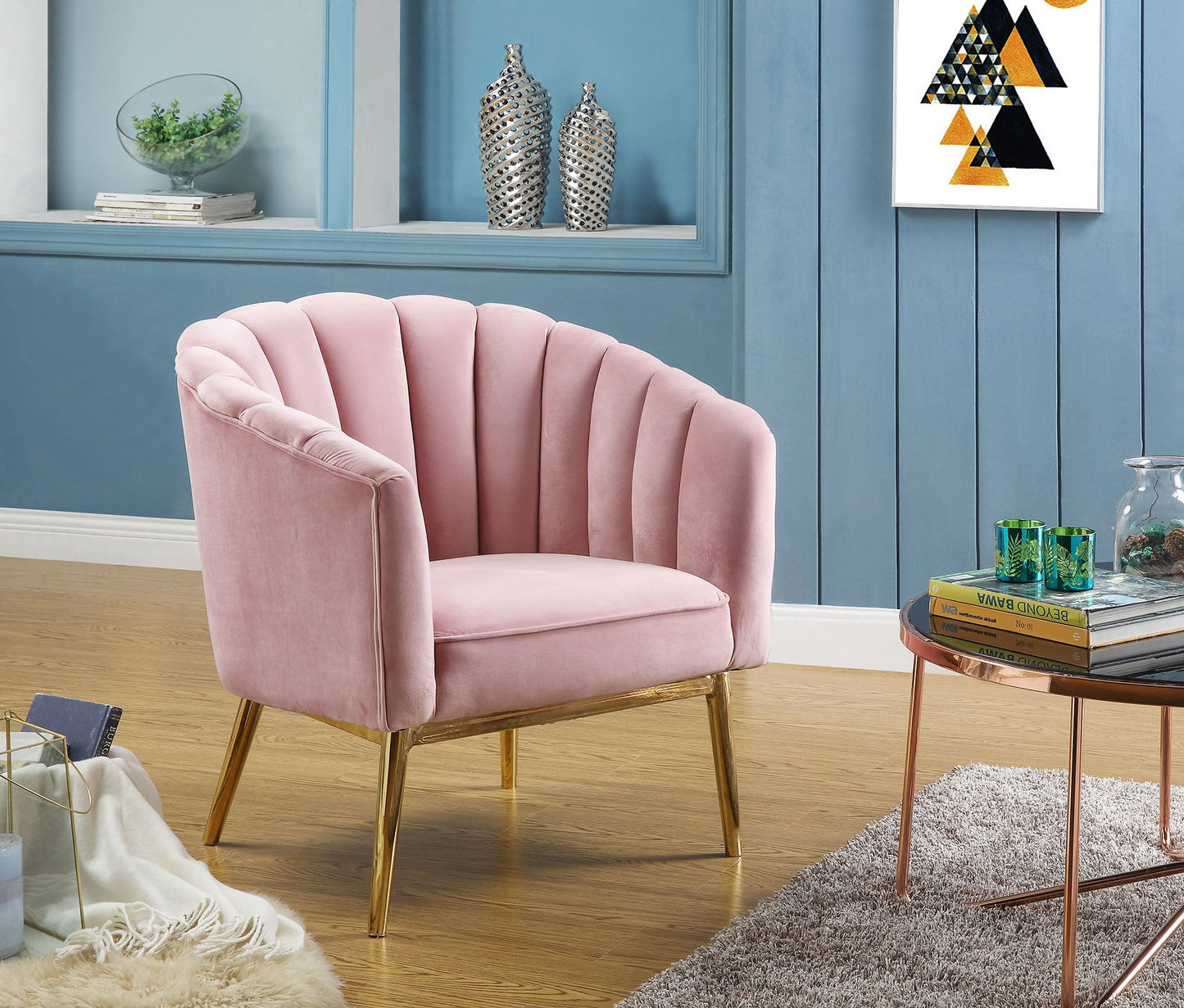 Pink Velvet Gold Upholstery Wood Accent