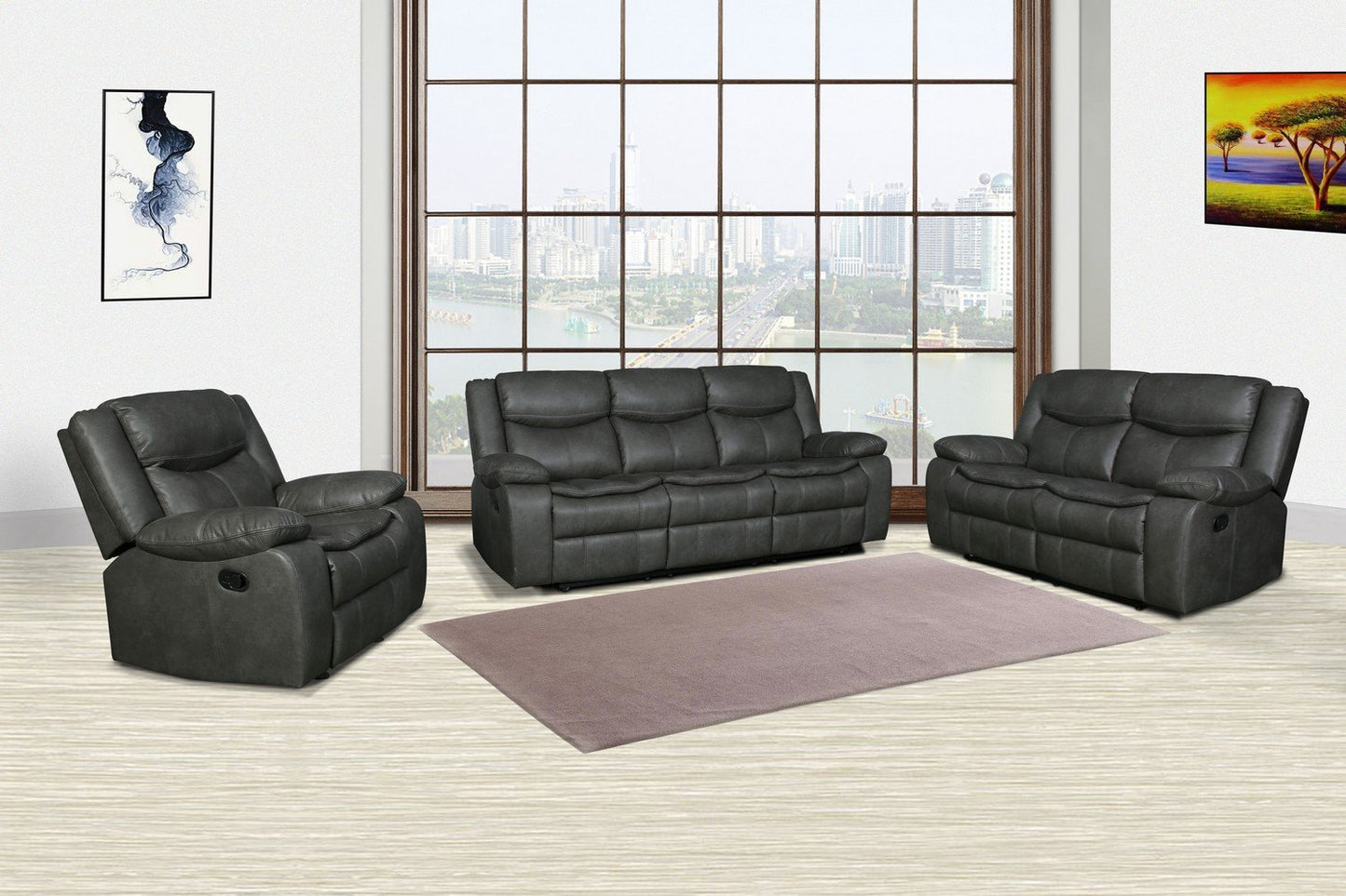 Modern Soft Gray Faux Leather Reclining Sofa