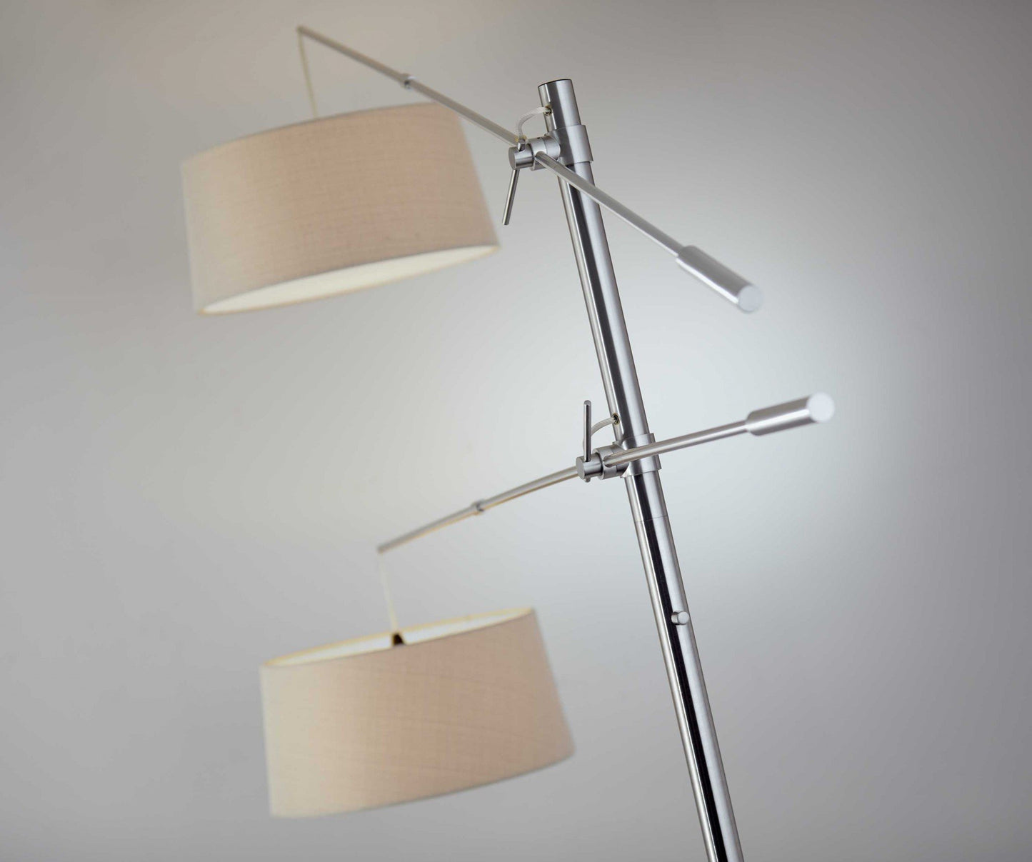 Two Light Adjustable Long Arm Floor Lamp in Brushed Steel