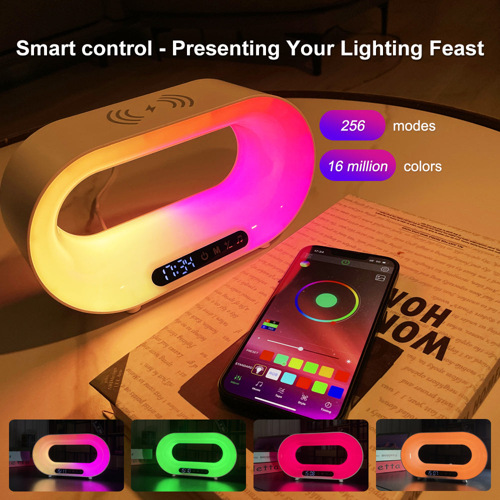 Multifunktions-3-in-1-LED-Nachtlicht, APP-Steuerung, RGB-Atmosphäre, Schreibtischlampe, intelligentes multifunktionales kabelloses Ladegerät, Wecker