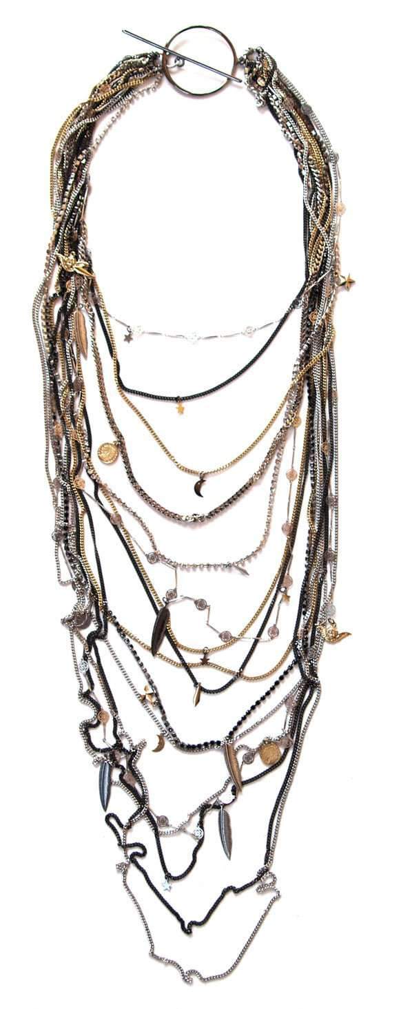 Multi Chain Statement Necklace with Swarovski Crystals and Charms.