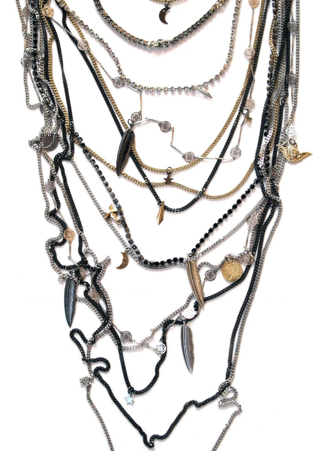 Multi Chain Statement Necklace with Swarovski Crystals and Charms.