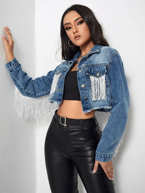 Cowboy Jacket Tassel Stitching Sexy Ripped Denim Coat