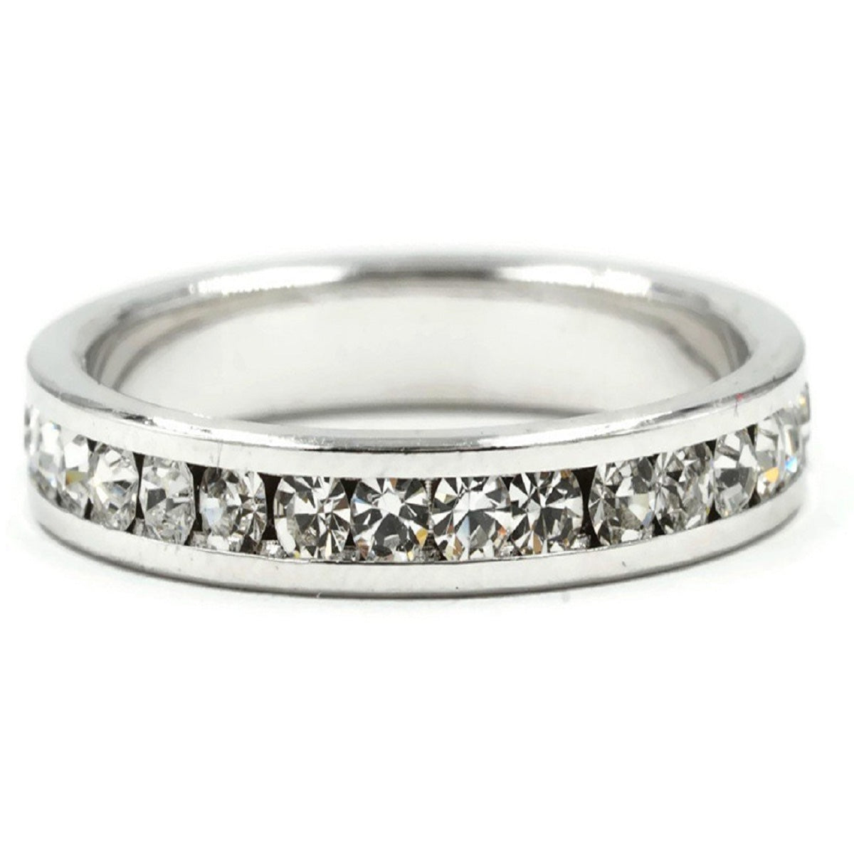 Clear Round Cut Crystal Stone Eternity Band Ring in Rhodium