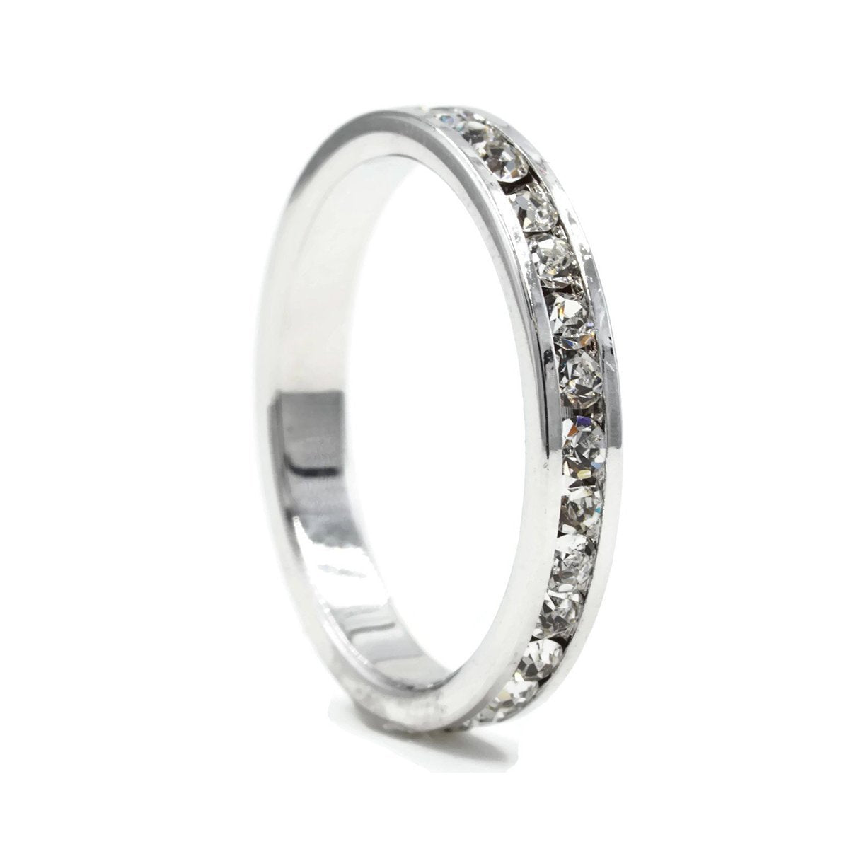 Clear Round Cut Crystal Stone Eternity Band Ring in Rhodium