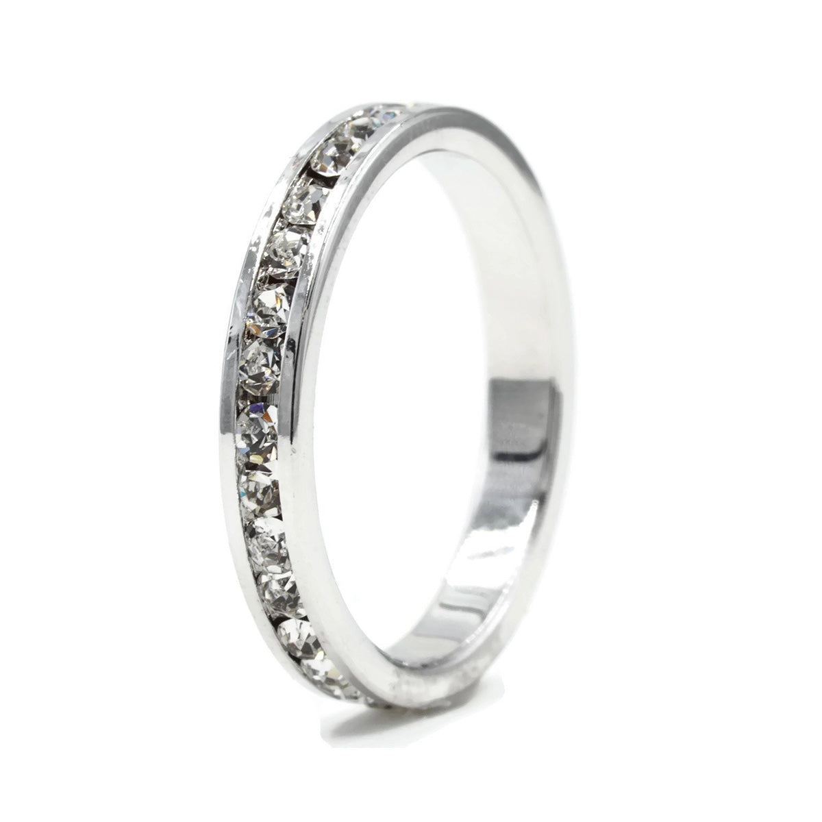 Clear Round Cut Crystal Stone Eternity Band Ring in Rhodium