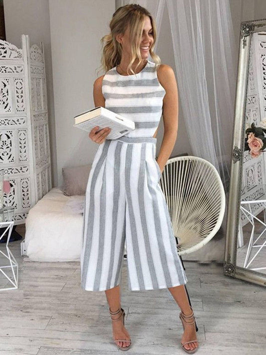 Stripes Cotton Linen Wide Leg Jumpsuit