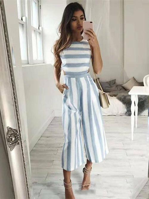 Stripes Cotton Linen Wide Leg Jumpsuit