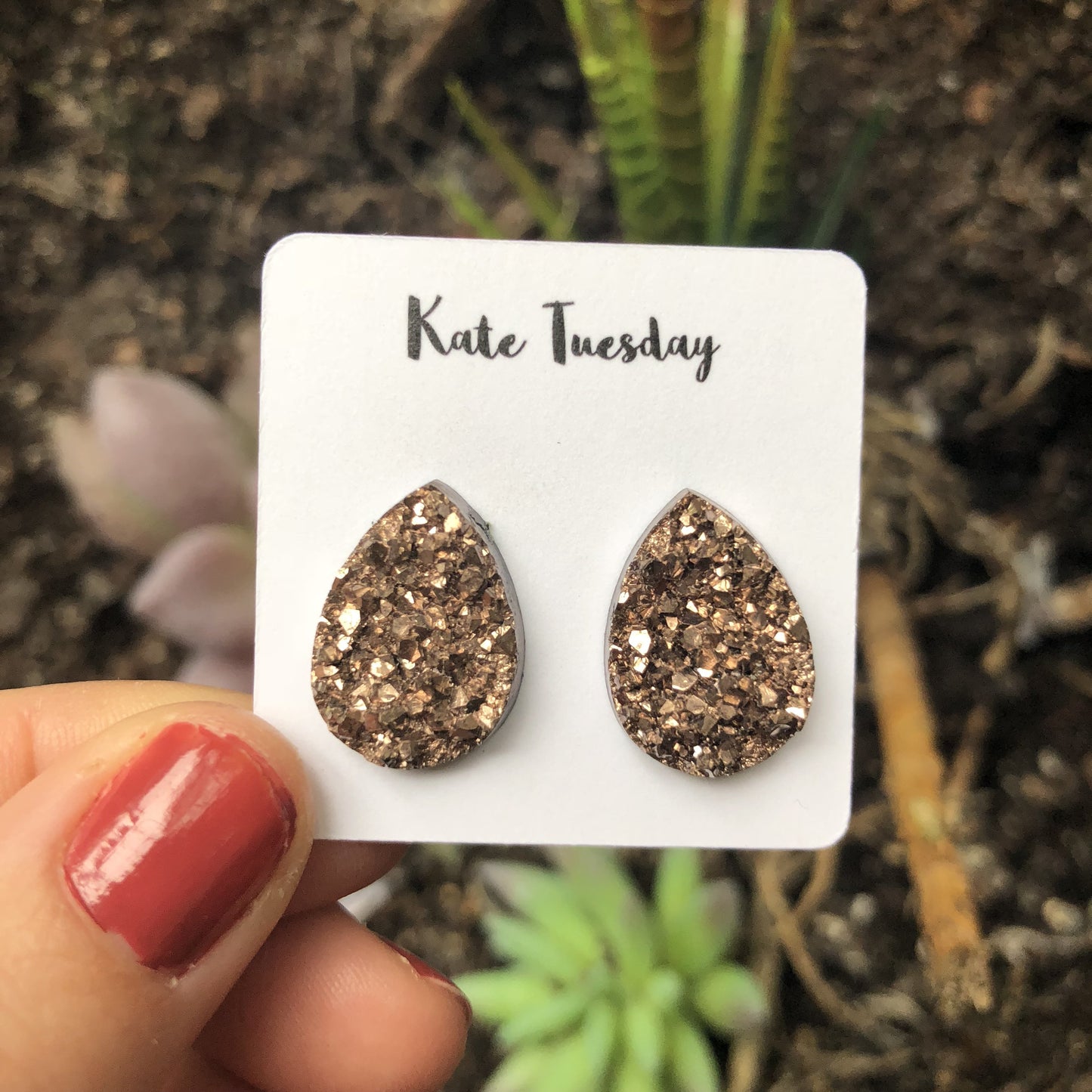 Rose Gold Raw Teardrop Druzy Earrings