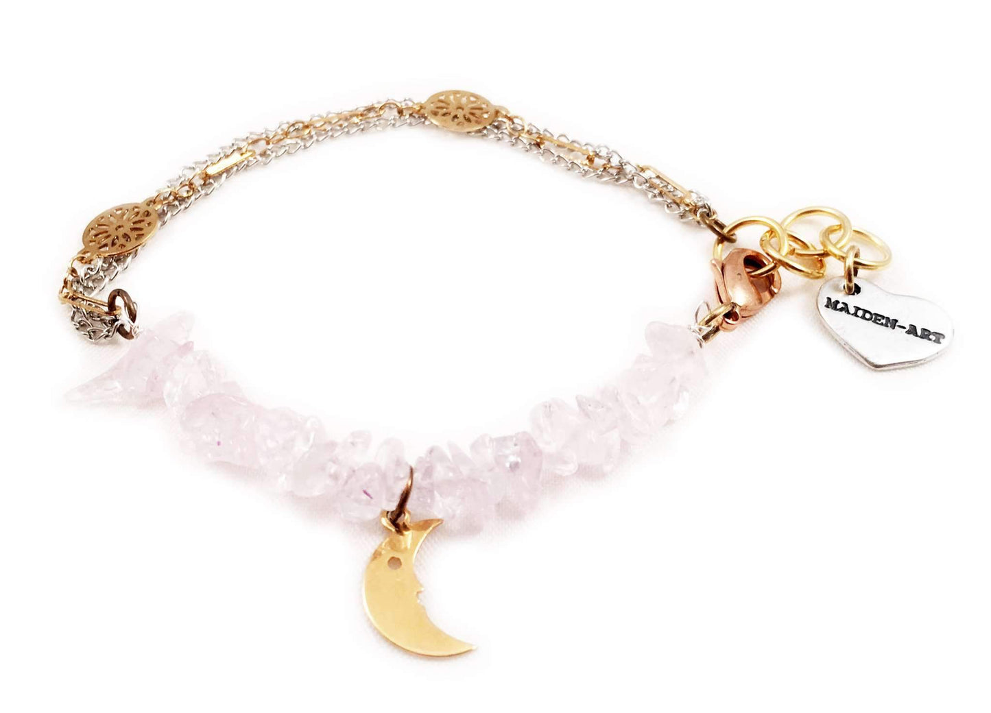 Rose quartz and moon charm bracelet. Perfect for parties, summer time