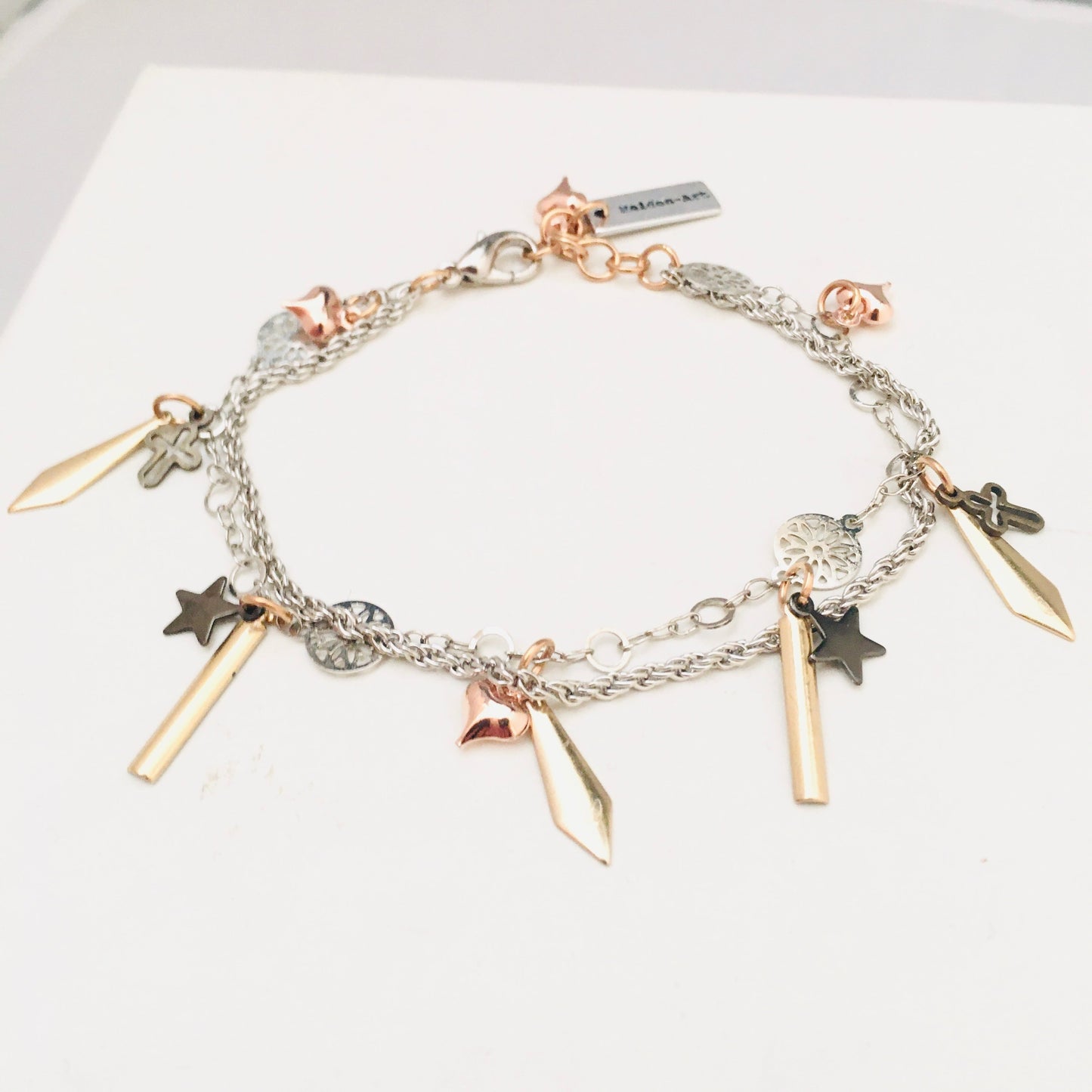 Gold Spikes Bracelet with Black Star, Bronze Crosses and Rose Gold