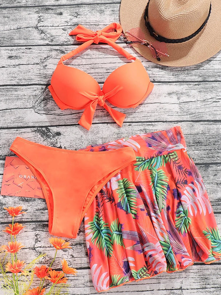 Sexy Tropical Print 3 Piece Bikini With Mesh Skirt Push Up Swimsuit