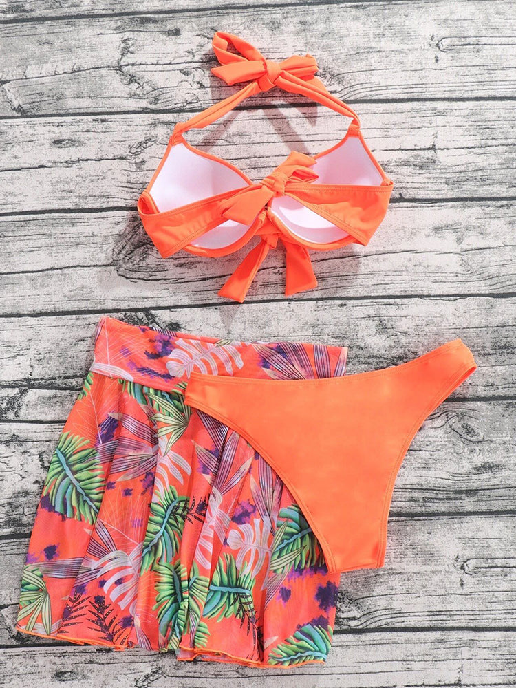 Sexy Tropical Print 3 Piece Bikini With Mesh Skirt Push Up Swimsuit