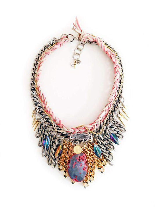 Multi strand necklace with big pink agate stone and suede leather