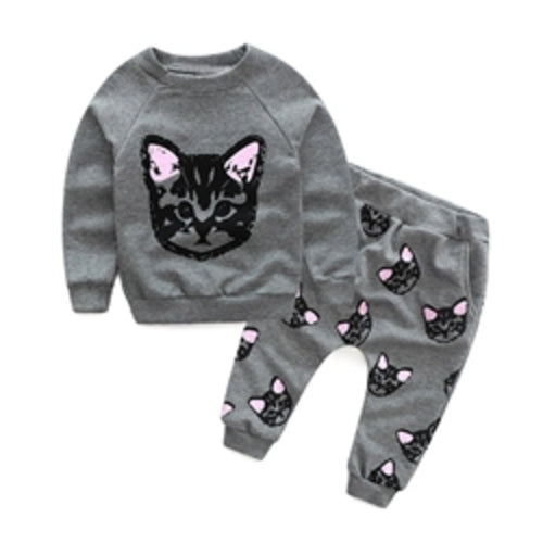 New Spring Summer Children's Suit Girls Tie Cat