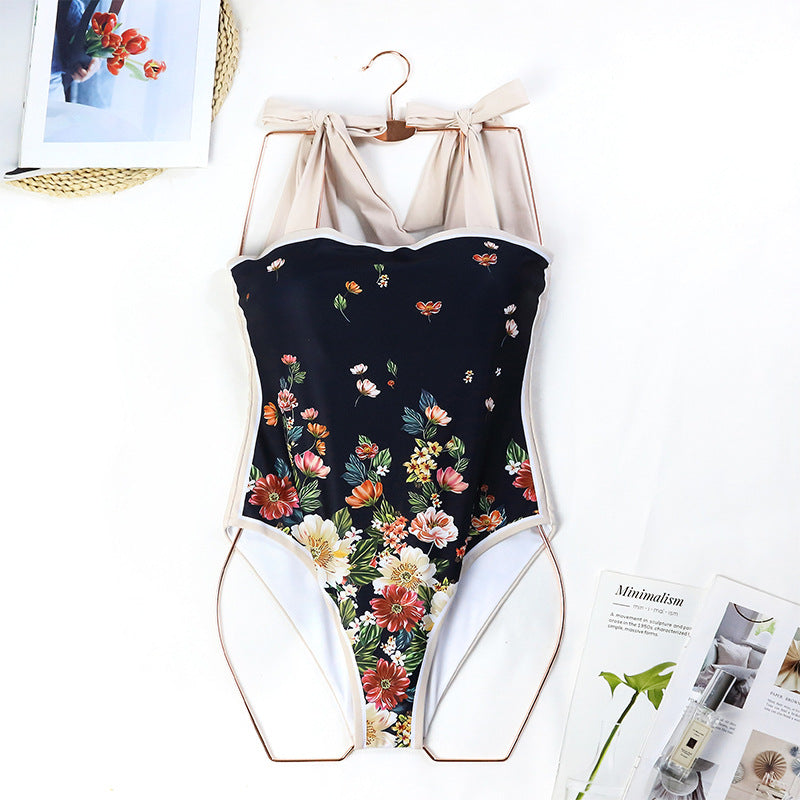 Vintage Floral Print One-Piece Swimsuit Beachwear Black