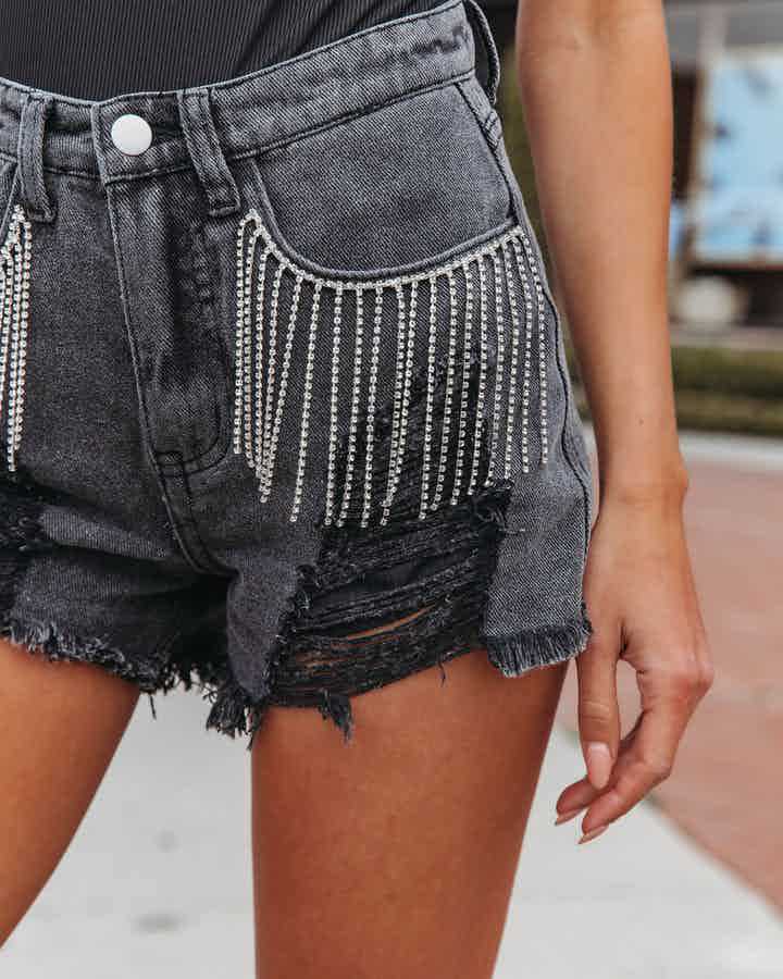 Casual Frayed Denim Shorts with Chain and Tassels