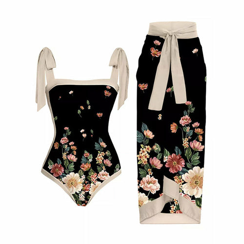 Vintage Floral Print One-Piece Swimsuit Beachwear Black