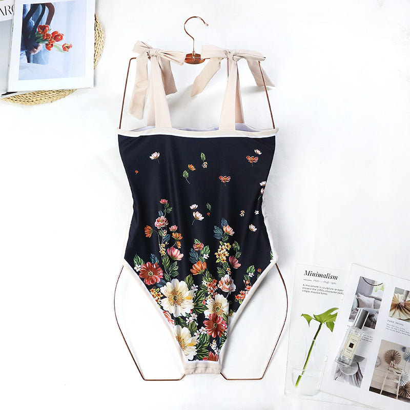 Vintage Floral Print One-Piece Swimsuit Beachwear Black