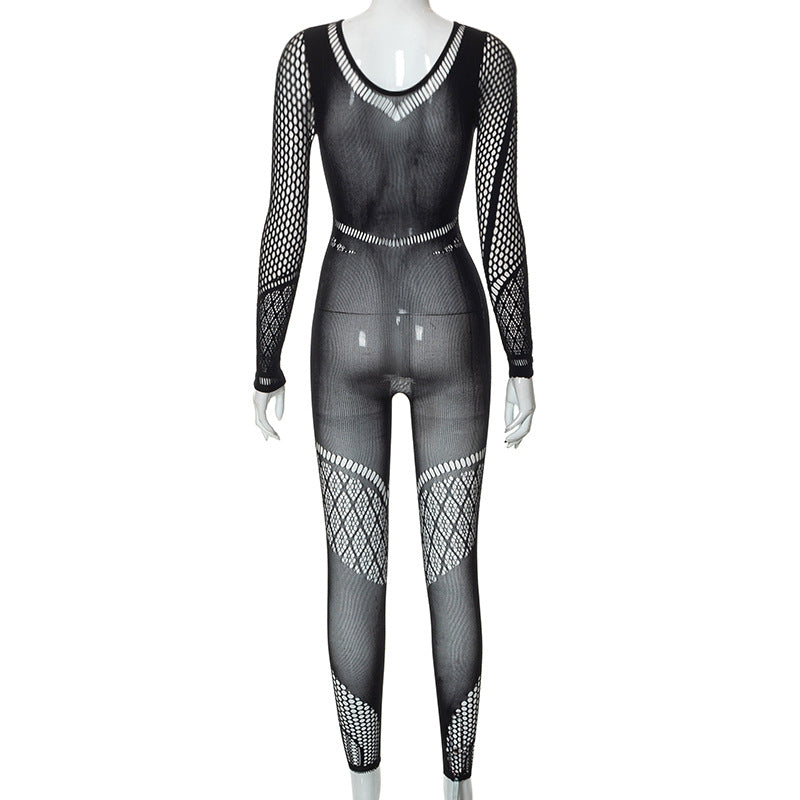 Fashion See-through Sexy Long Sleeve Mesh Jumpsuit