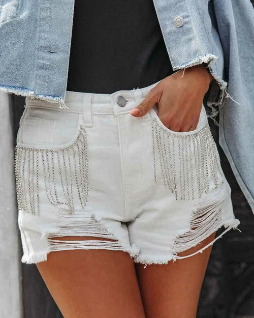 Casual Frayed Denim Shorts with Chain and Tassels