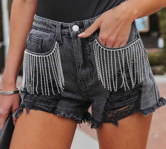 Casual Frayed Denim Shorts with Chain and Tassels