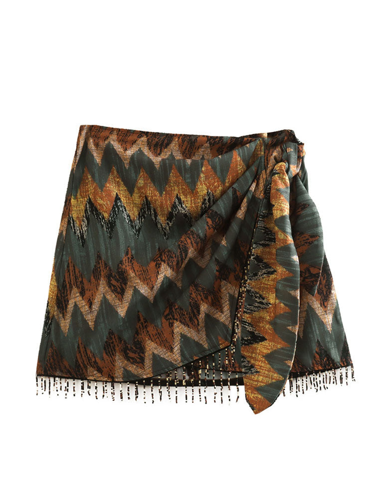 Vintage Beading Decoration Print Mini Skirt