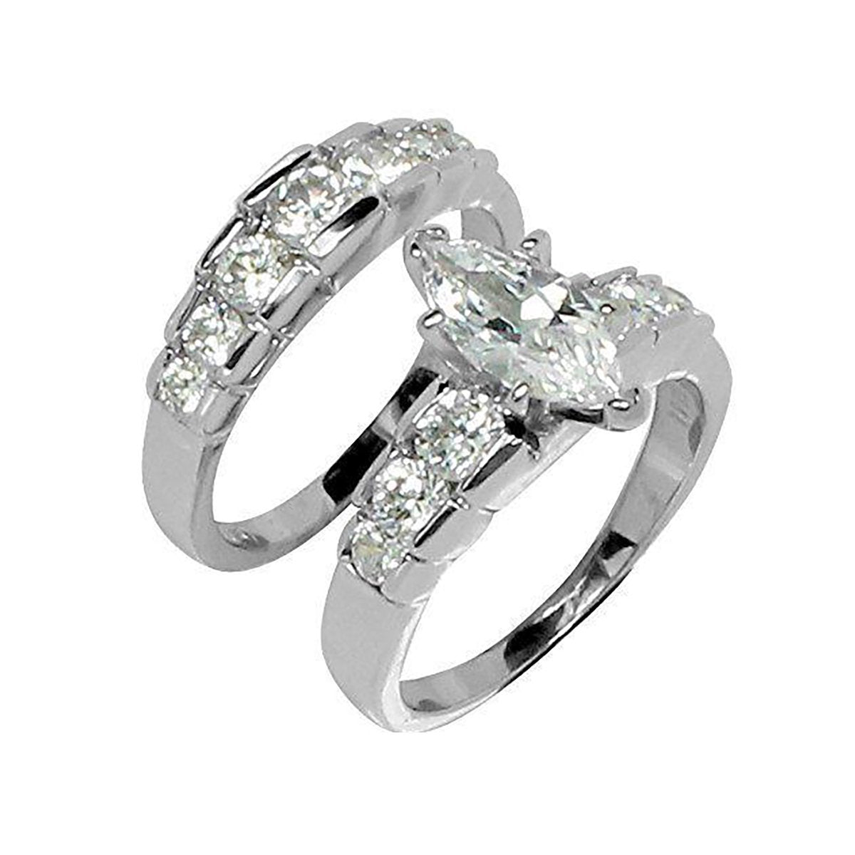 Large Prong-Set Two-Ring Marquise Cut Wedding Set Stainless Steel