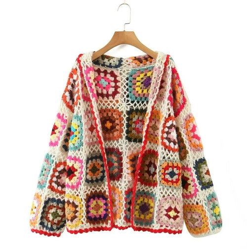 BOHO Colored Plaid Flower Hand Crochet Hooded Cardigan