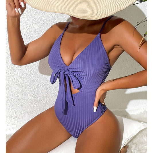 Sexy Plunging One Piece Swimsuit Knot Front Swimwear