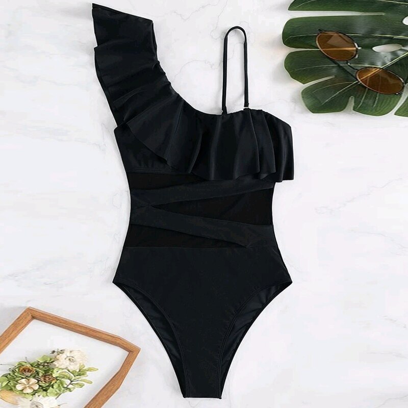 Summer Sexy Ruffle Mesh One-Piece Swimsuit