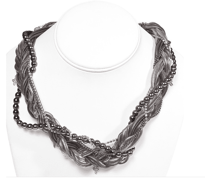 Multistrand silver necklace with black pearls and rhinestones.