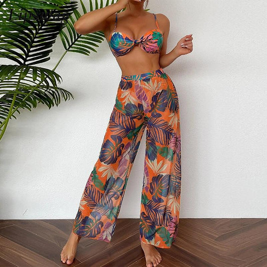 Leaves Print Swimsuit Bathing Suit Bikini Set With Chiffon Pants