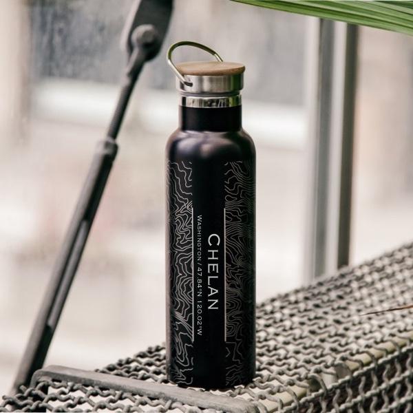 Chelan - Washington Map Bottle with Bamboo Top in Matte Black