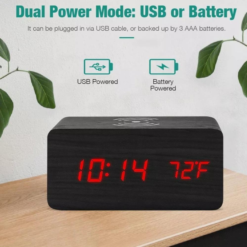 Wooden Digital Alarm Clock with Wireless Phone Charging Pad