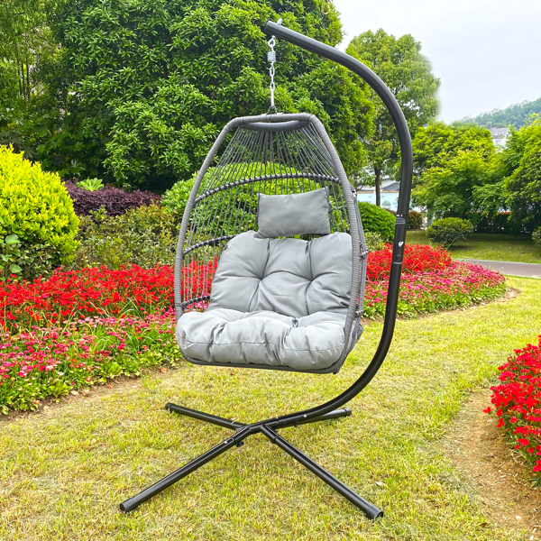 Patio Wicker Folding Hanging Chair With Cushion And Pillow